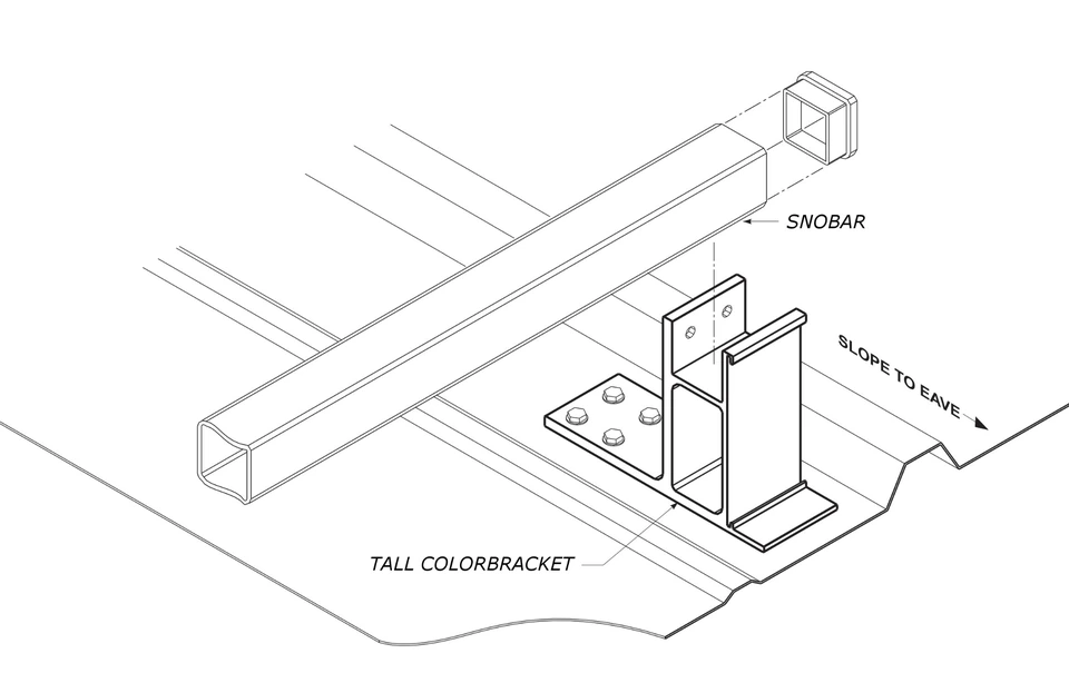 SnoBar screw-down snow rail with Tall ColorBracket on exposed-fastener metal roof panel