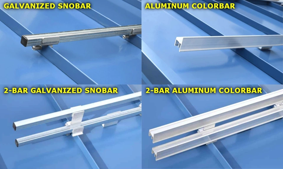 Standing seam SnoBar and ColorBar clamp-on snow rail systems for metal roofs